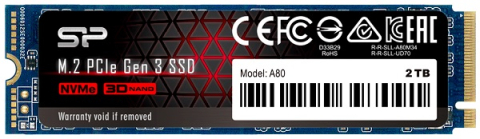 M.2 NVMe 2TB, 2280, PCIe Gen 3x4, A80, Read up to 3,400 MB/s, Write up to 3,000 MB/s